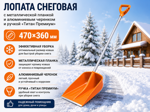 Лопата снеговая с металлической планкой и алюминиевым черенком и ручкой «Титан Премиум» (470×360мм) 