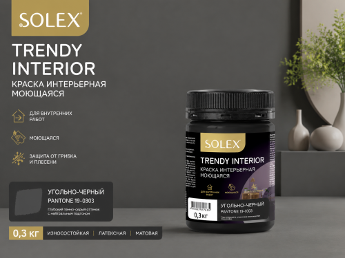 Краска интерьерная моющаяся Угольно-черный 0,3кгTRENDY INTERIOR  (Pantone 19-0303) (уп12)