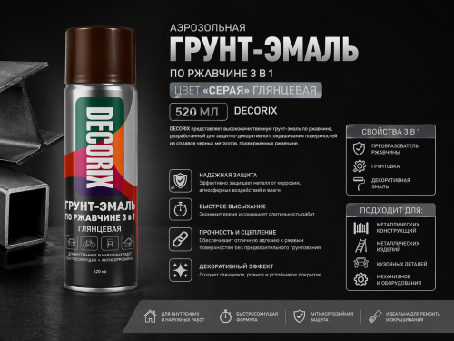 Аэрозольная грунт-эмаль по ржавчине 3 в1 серый глянцевый 520 мл DECORIX (12)