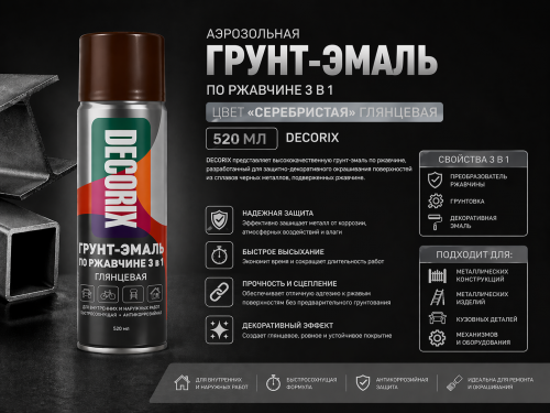 Аэрозольная грунт-эмаль по ржавчине 3 в1 серебристый 520 DECORIX (12)