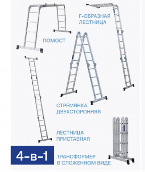 Лестница трансформер шарнирная алюм. SMARTY PRO 4х4/12,9кг/150кг (4,66 метра)